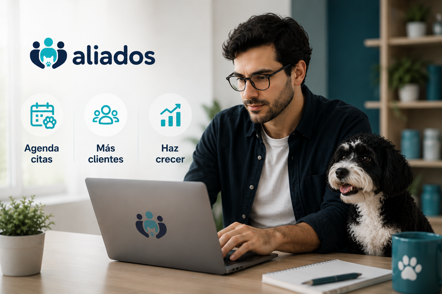 Empleada de tienda de mascotas cobrando con celular y tarjeta junto a un perro y un gato