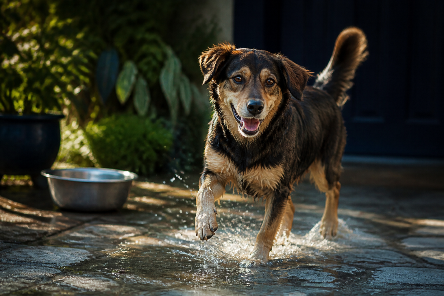 Perro mestizo jugando con agua poco profunda en un jardín sombreado