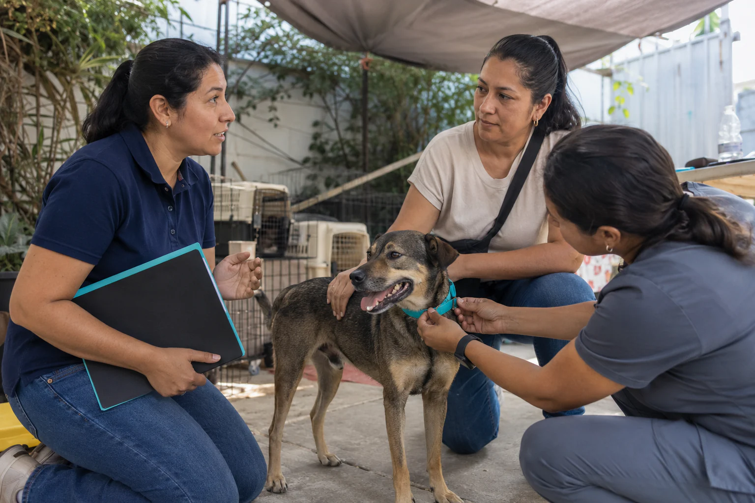 Rescatista, adoptante y profesional veterinaria acompañan a un perro durante un proceso de adopción responsable