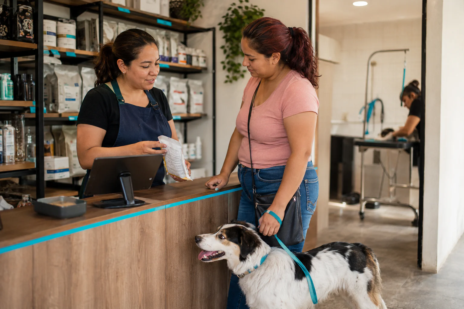 Una aliada atiende a una clienta y su perro en su negocio de mascotas