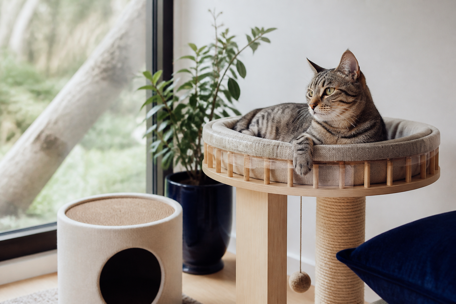 Gato atigrado descansando en un refugio elevado junto a una ventana luminosa