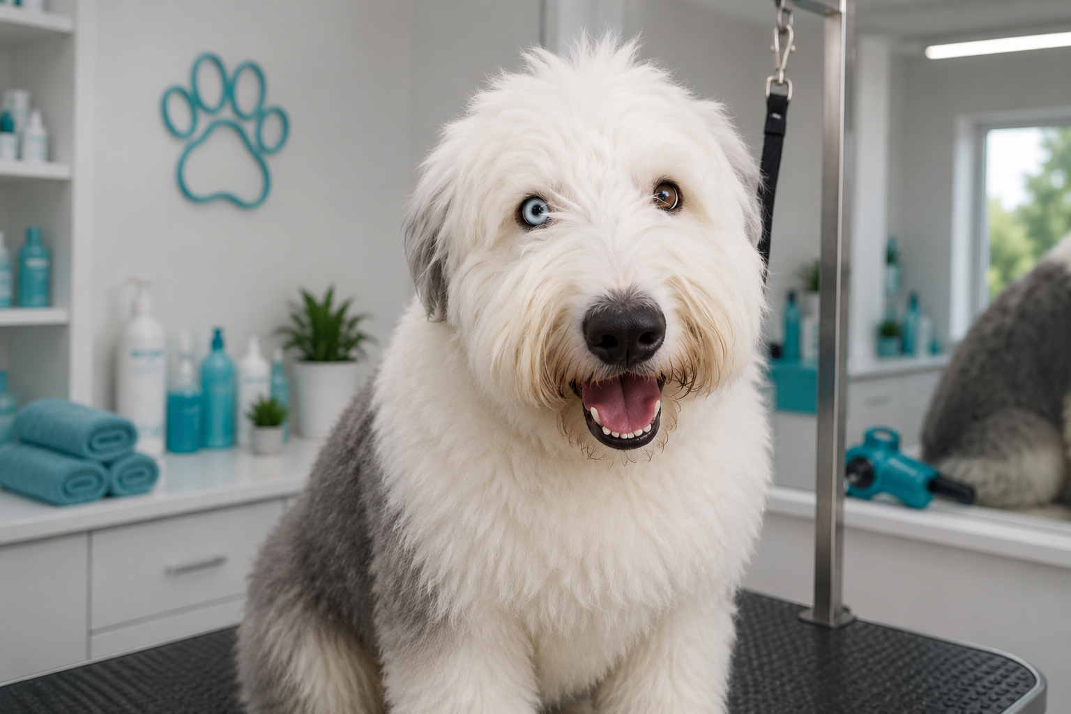 Perro recién bañado envuelto en toalla en una estética canina