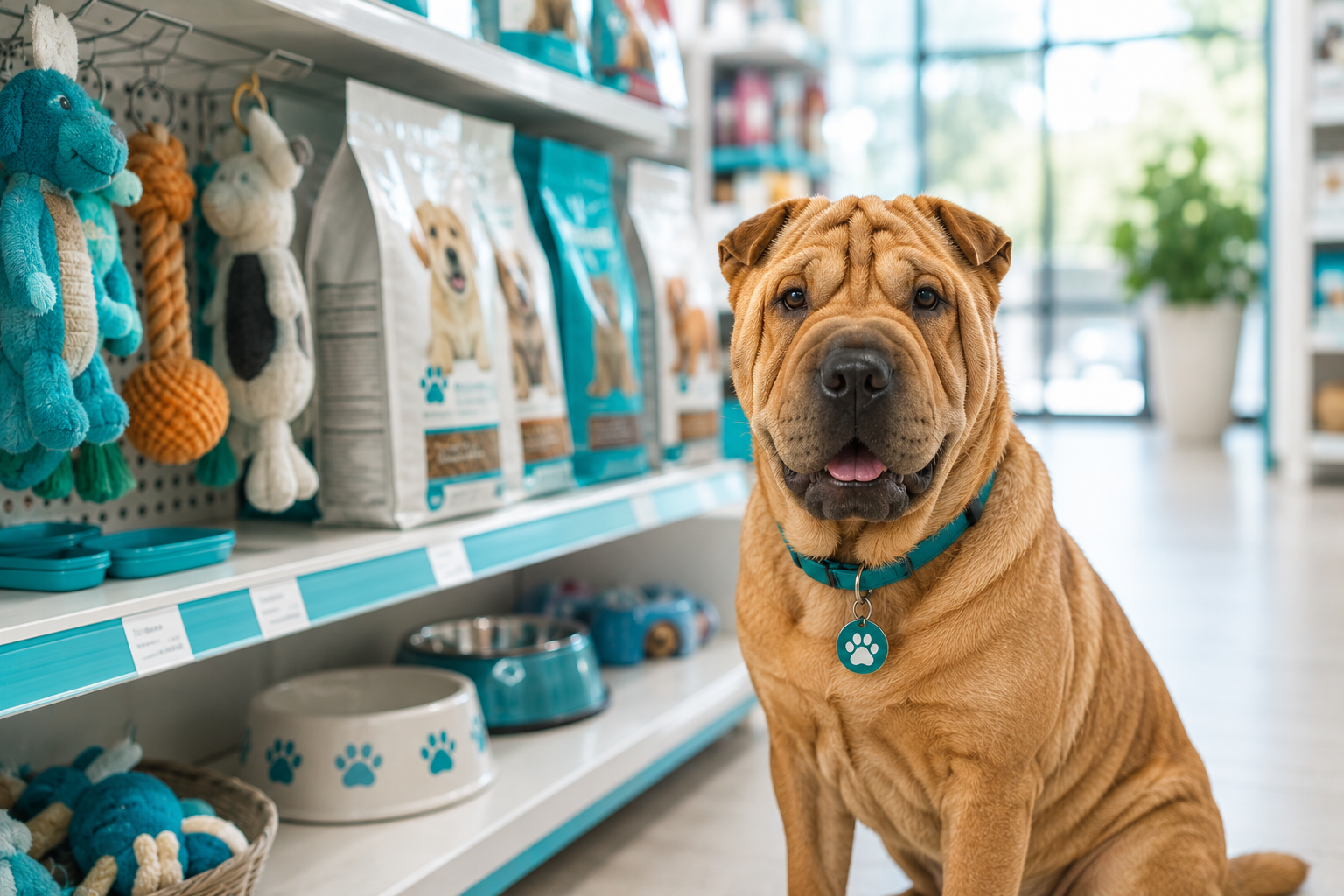 Persona comprando alimento y juguetes para mascota junto a su perro