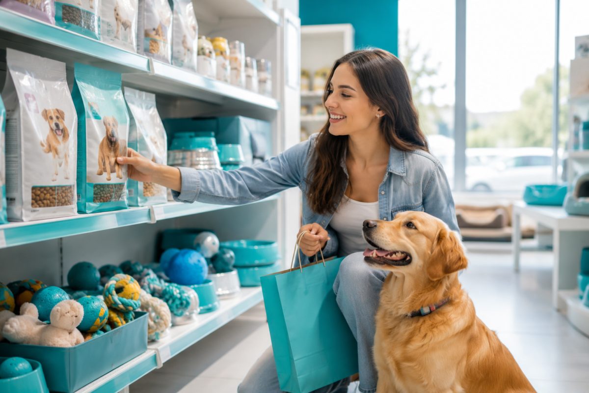 Persona comprando alimento y juguetes para mascota junto a su perro