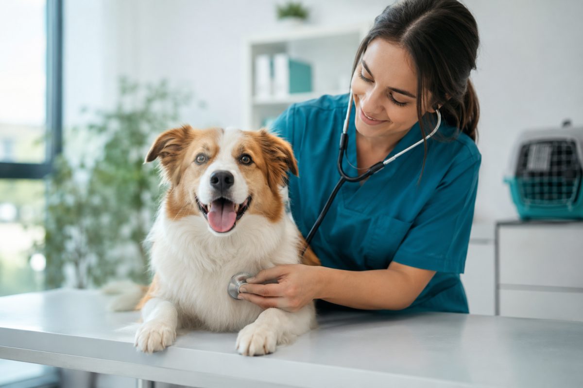 Veterinaria revisando a un perro con estetoscopio en una clínica